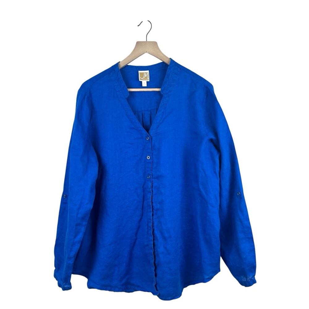 JM COLLECTIOIN Navy blue linen shirt relaxed‎ fit with button-up front size 16
